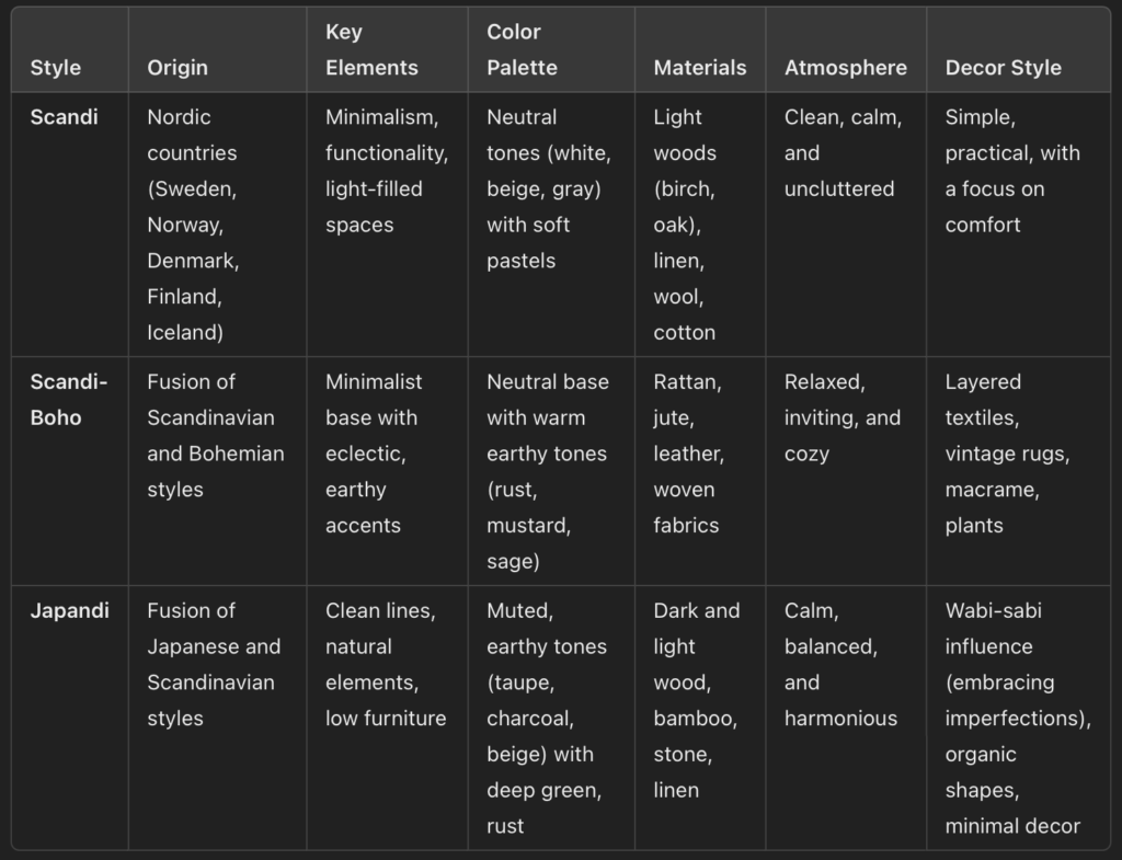 comparison of Scandi, Scandi-Boho, and Japandi styles